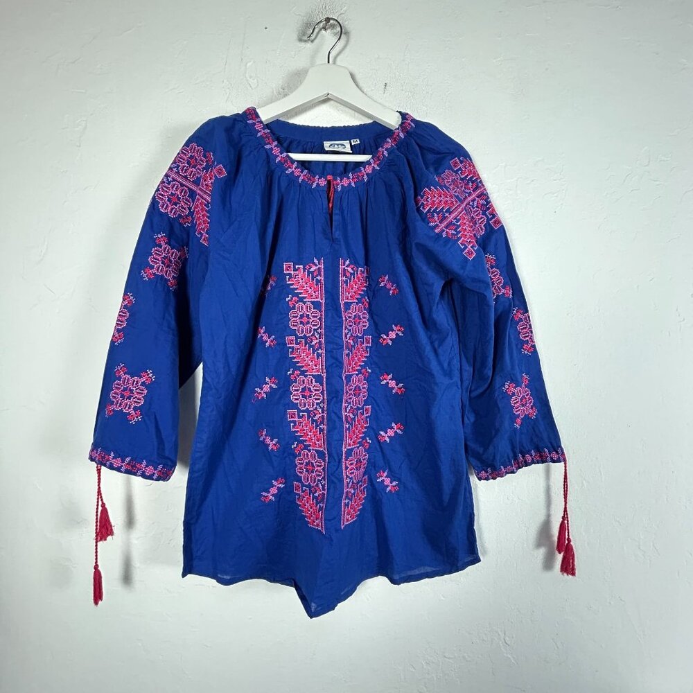 Village Venture Womens Boho Embroidered Peasant Tunic Top Size Medium Blue/Pink
